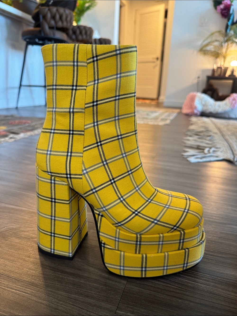 Steve Madden Yellow Plaid Platform Ankle Boots - Picture 3 of 8